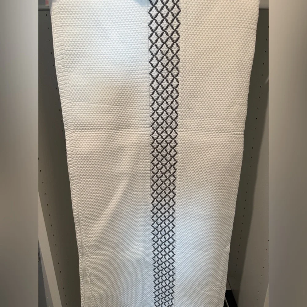 Hotel Collection White Textured Shower Curtain with Subtle Gray Embroidery